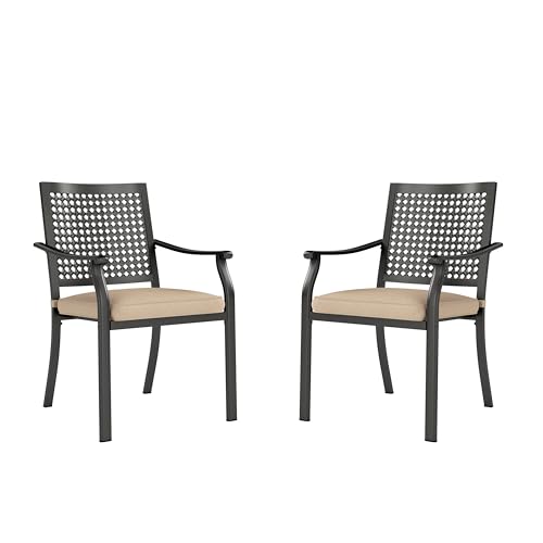 Image of PHI VILLA Outdoor Metal Dining Chairs Set of 2, Black Wrought Iron Stackable Chairs with Cushions, Heavy-Duty Seating Furniture for Patio, Deck, Yard, Porch