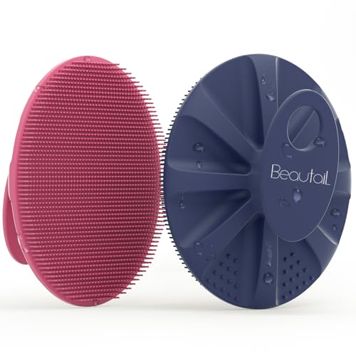 Image of Silicone Body Scrubber 2 Pack, BEAUTAIL Shower Bath Wash Brush, Gentle Exfoliating Scrub Cleansing Loofah for Women Men Baby Sensitive Skin, Easy to Clean, Lather Nicely, More Hygienic, Pink+Blue
