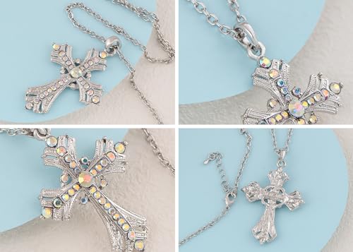 Image of Alilang Silvery Tone Religious Cross Pendant Necklace w /Aquamarine Blue Or Clear Crystal Rhinestones