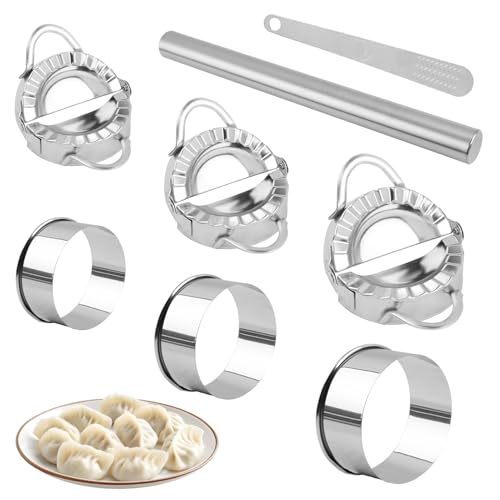 Stainless Steel Dumpling Maker Set, 3 Dumpling Maker Press + 3 Dough Cutter + 1 Stuffing Scoop +1 Rolling Pin, Easy tool for Dumpling-Wrapper Dough Stamp Cutter Pastry Pie Making(COLOR:Silver) by Ravionell - Used condition - Image 8