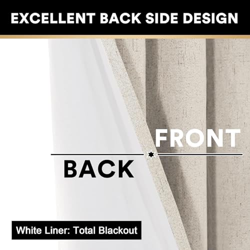 Image of PrinceDeco Linen 100% Blackout Curtains for Bedroom /Living Room Natural Colored Drapes Extra Long Curtains 90 Inch Long for Thermal Insulated Window Curtain Panels Linen Look Fabric with White Liner