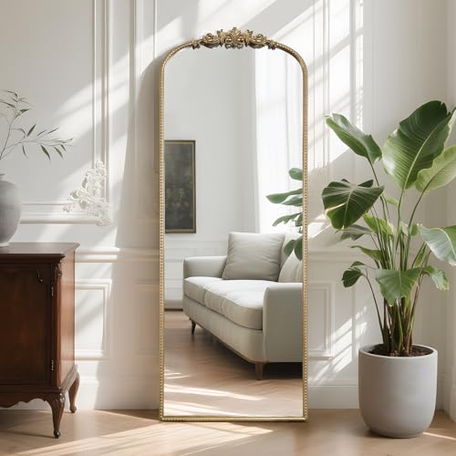 Image of WallBeyond Arched Full Length Mirror Wall Mounted, 21x56 Inch Gold Antique Mirror, Vintage Metal Frame Full Body Mirro for Bedroom, Living Room, Hanging or Leaning
