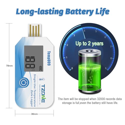 Image of Tzone USB Temperature Data Logger Disposable Digital Temp Recorder TempU09 | PDF /CSV Report,IP67 Waterproof,Single-use Thermometer Datalogger,for Medical Refrigerator Freezer Storage,32000 Recordings