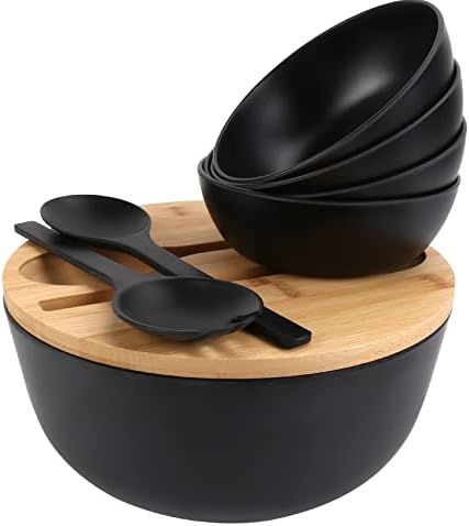 ShineMe Salad Bowls, Large Salad Bowl with Lid and Servers, Bamboo Salad Bowl Set with 4Pack Small Serving Bowls, 9.8inches Solid Wooden Bowl for Salad, Fruits, Vegetables and Pasta(Matt Black)