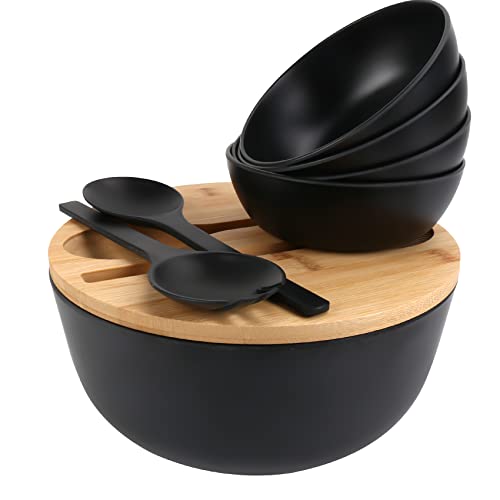 ShineMe Salad Bowls, Large Salad Bowl with Lid and Servers, Bamboo Salad Bowl Set with 4Pack Small Serving Bowls, 9.8inches Solid Kitchen Bowl for Fruits, Vegetables and Pasta...(Black) by ShineMe - Used condition - US$16.37