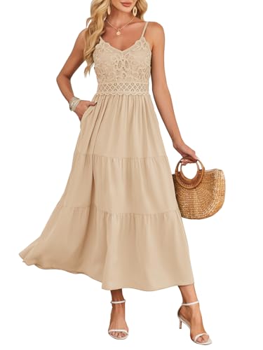 Image of Dokuritu Women's Beach Crochet Lace Maxi Dress Solid Color Summer Vacation Wedding Guest Spaghetti Strap Long Dress