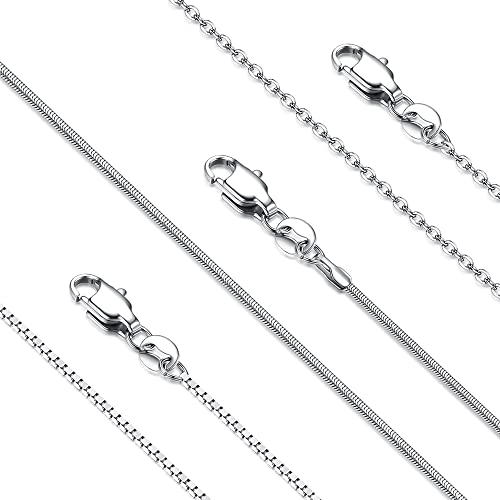 YADOCA 3Pcs Stainless Steel Necklace Chain for Women Men 1mm 1.2mm Snake Chain Box Cable Chains Necklaces Thin & Sturdy Long Lobster Clasp Silver Tone Chains