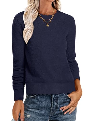 ANRABESS Sweaters for Women Loose Fit Lightweight Soft Dressy Scalloped Long Sleeve Pullover Tops 2026 Fall Casual Outfits Navy Blue — view 2