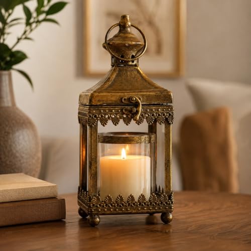 Image of Metal Gold Candle Holder Lantern Square Vintage Loop Handle Hurricane