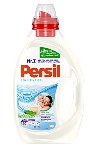 Persil Sensitive Gel (20 lavados), detergente sensible certificado ECARF para alérgicos y pieles sensibles, aroma a aloe vera y jabón natural, 20 °C - 95 °C, 1 litro
