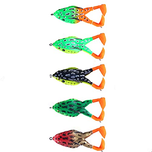 CENPEK Lot de 5 leurres de pêche en Forme de Grenouille - Leurres de pêche Souples - Corps Creux - Yeux 3D - Yeux de Grenouille - sans Mauvaises Herbes - avec Crochet - pour Bar, brochet, Chien