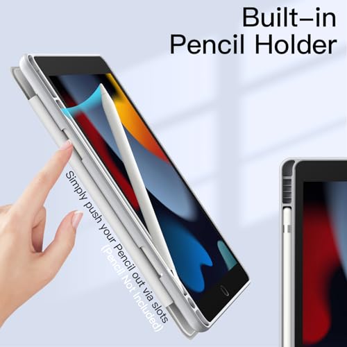 JETech iPad 10.2インチ ケース（第9/8/7世代、2021/2020/2019モデル用） Pencil収納可能 透明バックカバー 薄型 スタンド 衝撃吸収 タブレットカバー オートウェイク/スリープ機能 (シルバー)