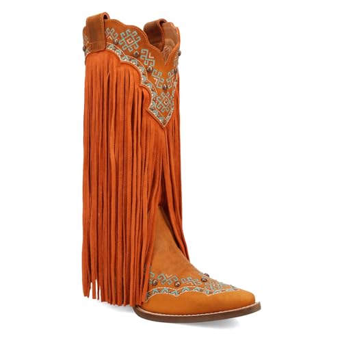 Dingo Womens Tequila Fringe Southwest Sunrise Snip Toe Pull On Casual Boots Mid Calf Mid Heel 2-3" - Orange2