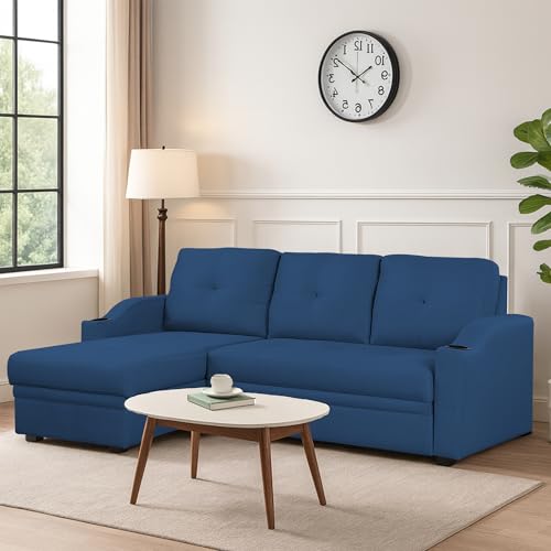 Image of Casaliving Ravonna LHS 4 Seater L Shape Corner Sofa Cum Bed for Living Room (Blue Fabric) Premium Fabric Sofa