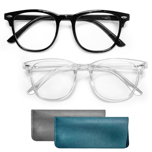 Yvmew 2 Pezzi Occhiali Anti Luce Blu, Anti-affaticamento Occhiali lenti trasparenti Occhiali Riposanti Anti Luce Blu Lenti Antiriflesso con 2 Borse per Occhiali in Pelle per lettura PC TV e Gaming