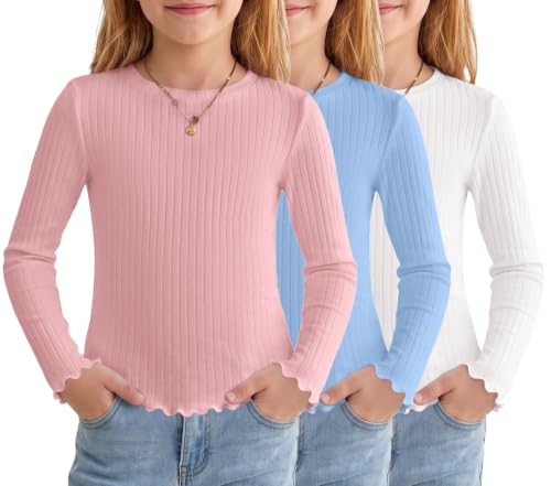 Arshiner Girls Ribbed Knit Lettuce Trim Long Sleeve Shirts Slim Fit Tops - image 1