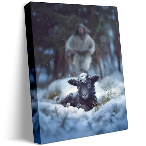 Image of Jesus and Lamb Canvas Wall Art Jesus Runs for the Lost Sheep In Winter Forest Picture Wall Art Canvas Print Christian Home Decor 12x16 inch