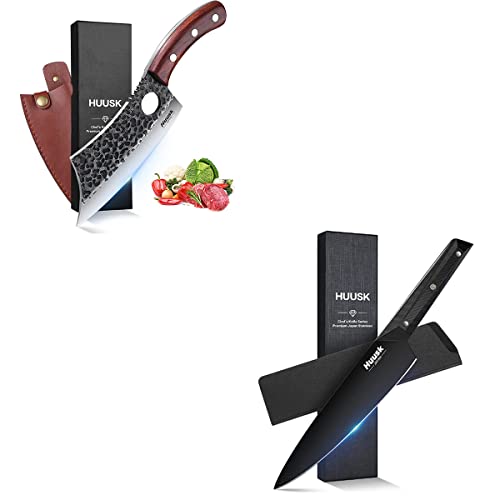 Huusk Japan Knives, Viking Knife With Sheath Bundle With Chef Knife 7.7" Black Titanium Coated Blade #TOP17
