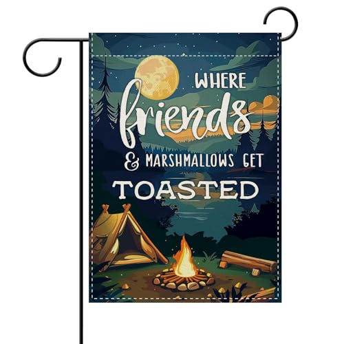 Dyrenson Camping Friends Decorative Garden Flag, Camper Tent Forest Night | Lake House Adventure Yard Outside Home Decoration, Campsite Campfire Outdoor Small Decor Double Sided 12 x 18