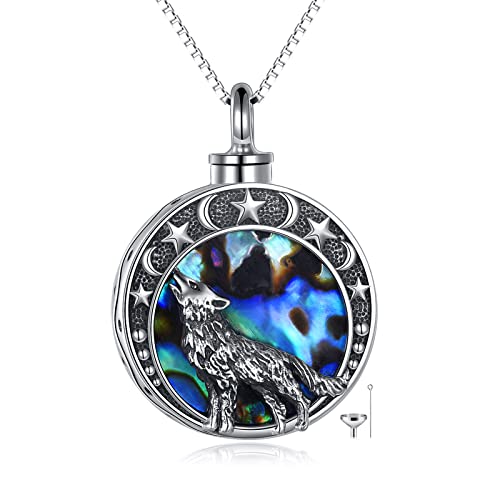 YAFEINI Collar de lobo para cenizas, plata de ley, colgante vikingo, joyería de cremación para cenizas, joyería de memoria para mujeres y hombres, Plata esterlina, concha de abalona Cover