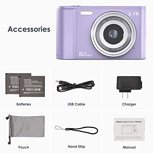 Digital Camera, FamBrow 2.7K Ultra HD 44 MP Vlogging Camera with 16X Digital Zoom,Point & Shoot Digital Camera with 2.88\" LCD Screen Compact Portable Mini Camera for Beginner,Teens, Kids (Purple)