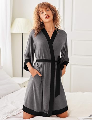 Image of Ekouaer Robes for Women Knee Length Bathrobe Lightweight Kimono Robe 3 /4 Sleeve Knit Sleepwear with Pockets