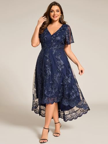 Ever-Pretty Plus Women's V Neck Short Sleeves High Low Embroidery A Line Plus Size Midi Formal Wedding Guest Dresses 02255-DA3