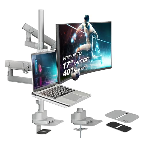 AVLT Laptop & 40 Inch Monitor Arm Pole Top Mount with USB-C&A Ports-Gray, VESA Compatible, Supports 26.4 lbs (12 kg), Ultrawide Screen Fit, Adjustable Height, Tilt Swivel Rotate, Cable Management