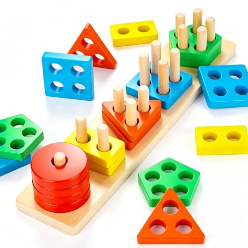 Image of 3 otters Wooden Stacking Sorting Toy, 20PCS | Montessori Sensory Puzzle, Shape Recognition, Matching Learning Game, Preschool Gifts, for Toddlers