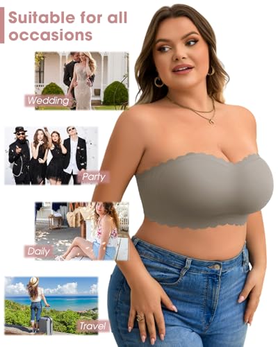Image of Strapless Wireless Bra for Women Scalloped Full Coverage Bandeau Comfortable Everyday Non-Wired Bra for Large Busts