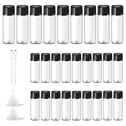 5ML Auslaufsichere Glas Fläschchen, 24 Leere Ampullen, Kleine Glasflaschen Transparent mit Schraubverschluss und Kunststoffstopfen, Probengläser Zur Lagerung von Proben, ätherischen Ölen