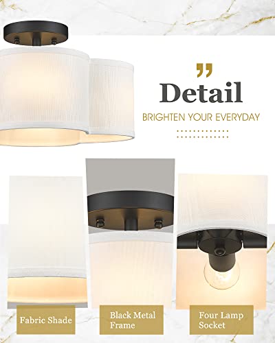 Image of Black Semi Flush Mount Ceiling Light, Close to Ceiling Light Fixtures with Fabric Shade in Quatrefoil Shape, Farmhouse 13-inch Ceiling Light for Kitchen Hallway Bedroom, AD-22007-4SF-BK