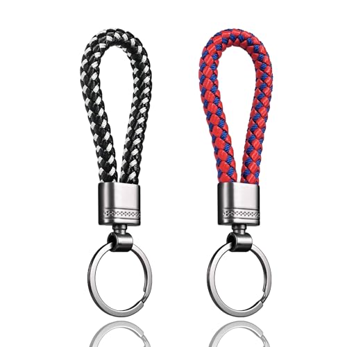 LynixTrade 2 Pcs Key Rings, Leather Keyrings for Women and Men, Car Keychain Rings, Leather Key Fobs Holder, Personalised Car Keys Ring Clips, Keyrings Black and White, Red and Blue