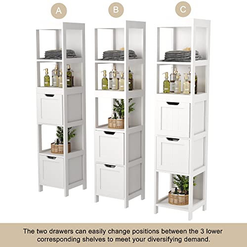 HOMEFORT Bathroom Storage Cabinet, Slim Tall Cabinet, Narrow Floor Cabinet Organizer, Wooden Linen Tower with 2 Drawers and 3 Shelves, Freestanding Cupboard White