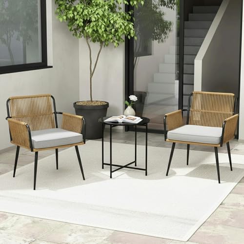 Image of DEVOKO Outdoor Rope Patio 3 Piece Chair Table Bistro Set with All Weather Cushioned Furniture for Garden, Pool, Lawn, Deck, Porch (Beige & Grey)