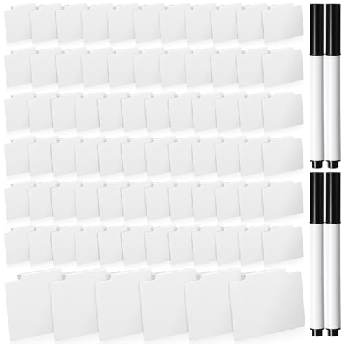 Chinco 80 Pcs Basket Label Clips Set Include 76 Removable Kitchen Clip Label Holder PVC Storage Bin with 4 Chalk Markers for Basket Kitchen Pantry Organization (White Clip, Black Pen)