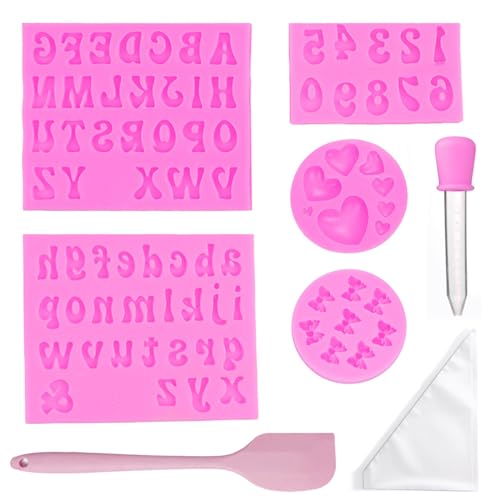 Chocolate Molds Silicone Letters Molds Gummy Molds Numbers Molds 8pcs Cake Decorating Kit Fondant Mold Heart Shape&Bows Molds for Clay Candy Cake Mold, 20pcs Piping Bags, Eye Dropper, Spatula