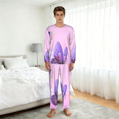 Ensemble pyjama manches longues hommes imprimé papillon rose - 5