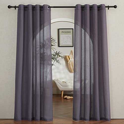 NICETOWN Flax Linen Sheer Curtains for Living Room, Grommet Vertical Semi Sheer Curtains Privacy Drapes with Light Filter for Villa/Cottage, W52 x L84, Purple Brown, 1 Pair