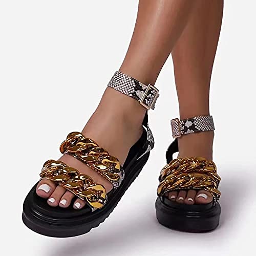 NICETOW Sandálias Femininas Plataforma Feminino Peep Toe Sandália em Cunha de verão Fivela Tira no Tornozelo Peep Toe Sapatos Planos confortáveis, padrão de Cobra, 43EU
