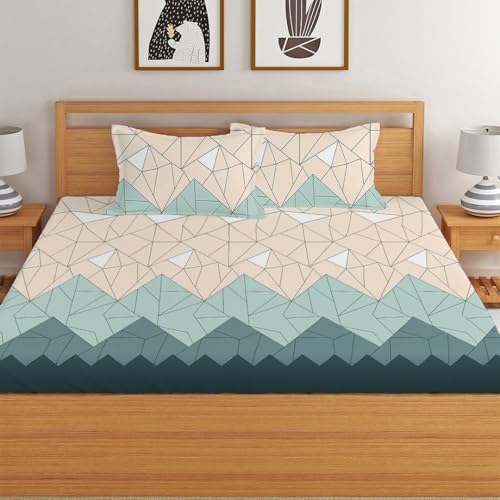 LOOMLYFE 300 TC Cotton Feel Glace Cotton Elastic Fitted Printed Queen Size Double Bed Bedsheet with 2 Pillow Covers Fits Upto 8 inches,Size- 60x78x10 Inches, BeigeGreenTri