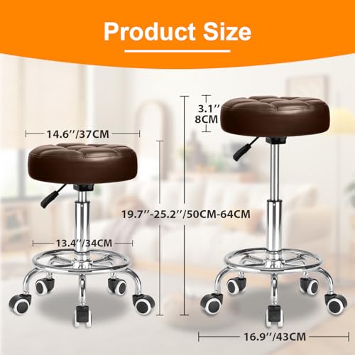Image of Rolling Stool PU Leather Round - Ultra Soft Padded Seat Cushion Stool with Wheels with Footrest, Weight Capacity 300lb,Adjustable Height Stool for Tattoo Massage Salon Medical Spa Center (Brown)