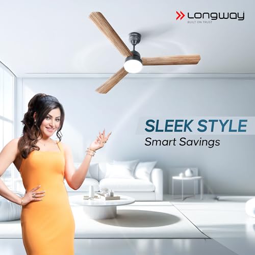 Image of LONGWAY Luminair Max 1200 mm BLDC Ceiling Fan with Remote Control & LED Light | BEE 5 Star Rated Energy Efficient | Ultra High Speed 3 Blade Anti-Dust Decorative | 5 Years Warranty (Smoked Cedar)