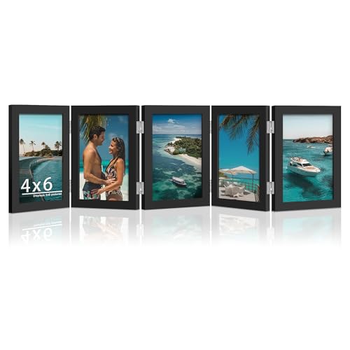 DUENPY 5 Folding 4x6 Picture Frame Horizontal Engineered Wood Accordion Photo Frame with Plexiglass Tabletop Bookshelf Display Black