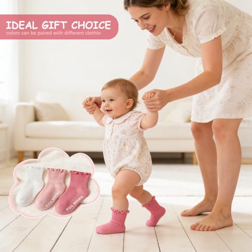 Image of SNOWIE SOFT 3-Pair Baby Ruffle Cuff Ankle Socks for Girls 1-3 Years Frilly Cotton Ribbed Sock, Breathable Stretch Dress Sock, Non-Slip Heel, Soft Casual Grip Socks for Toddlers Baby Shower Gifts