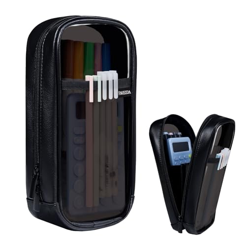 Image of Fmeida Clear Pencil Case - Upgraded 4 Compartment Pencil Pouch, Waterproof Adult Pencil Bag Aesthetic Marker Pouch Stationary Bag Office Organizer for Office Business Travel - Black PU&PVC