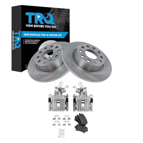 Image of TRQ Rear Brake Pad and Rotor Set Semi Metallic Rotors Calipers Compatible with 2010 Audi A3 A3 Quattro Volkswagen Golf Jetta 2011 GTI