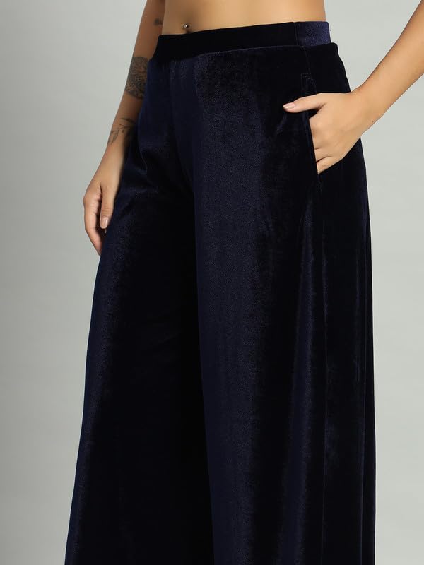 Image of Vaararo Party Trousers for Women | Shiny Velvet Fabric Wide Bottoms Stylish Palazzo Pants