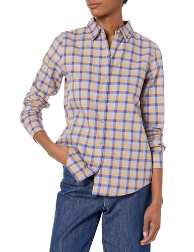 Image of Amazon Essentials Women's Regular-Fit Long-Sleeve Lightweight Plaid Flannel Shirt with Brushed Finish, Shirttail Hem