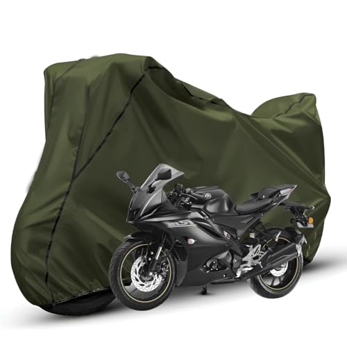Image of Waterproof Bike Body Cover Compatible with Yamaha R15 Dustproof Scratchproof - Motorcycle Cover for Two Wheeler, Outdoor Full Cover with UV, Duty, Rain Protection (Olive with Black) R1